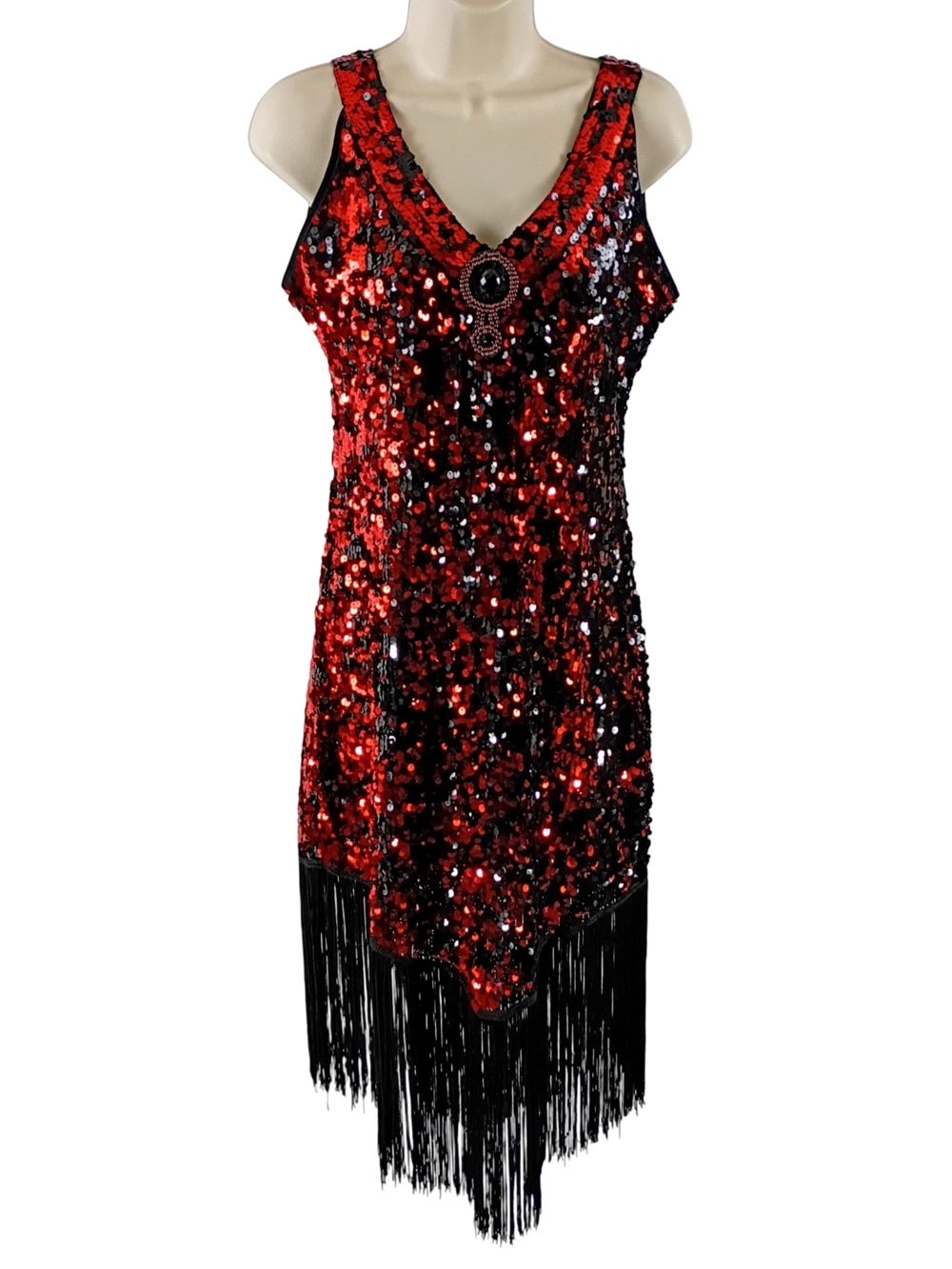 Red And Black Sequin Fringe V-Neck Flapper Party Dress